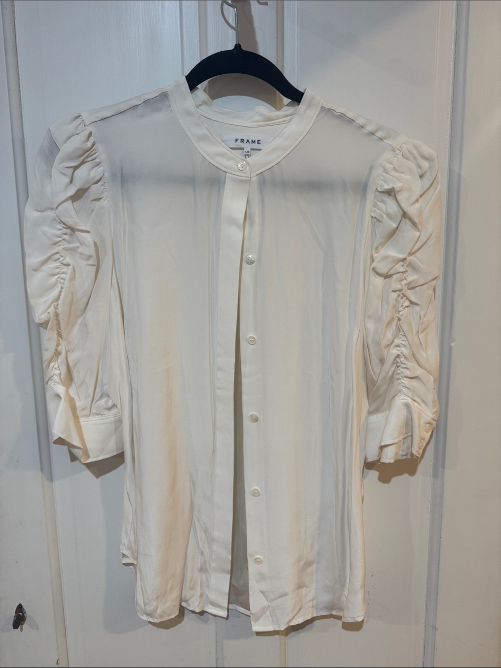 Frame Cream Silk Ruffle-Sleeve Button-Down Shirt